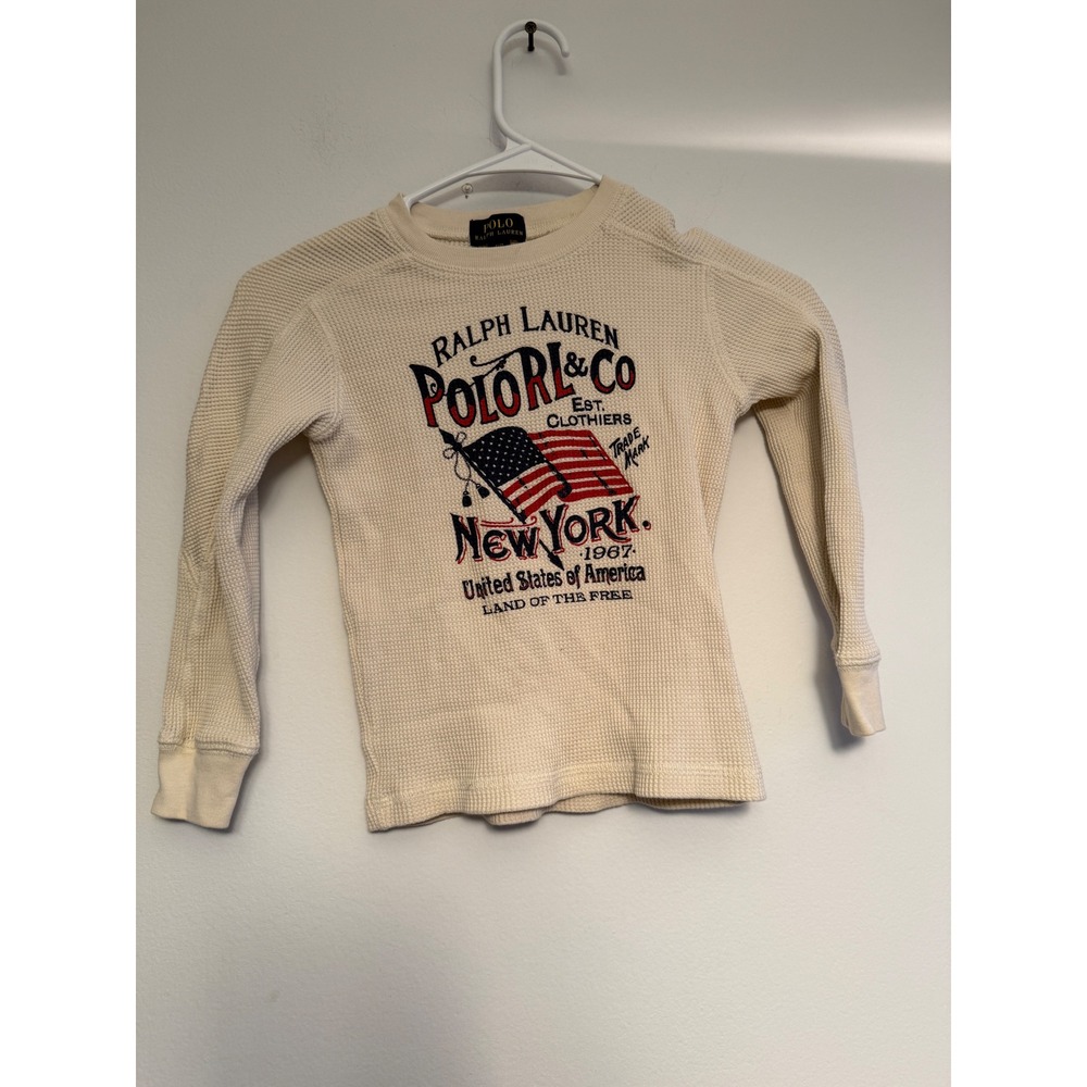 Polo Ralph Lauren Kids 4/4T Cream Waffle Knit Thermal American Flag GraphicShirt